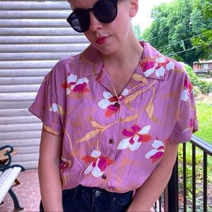 Short sleeve button down print blouse